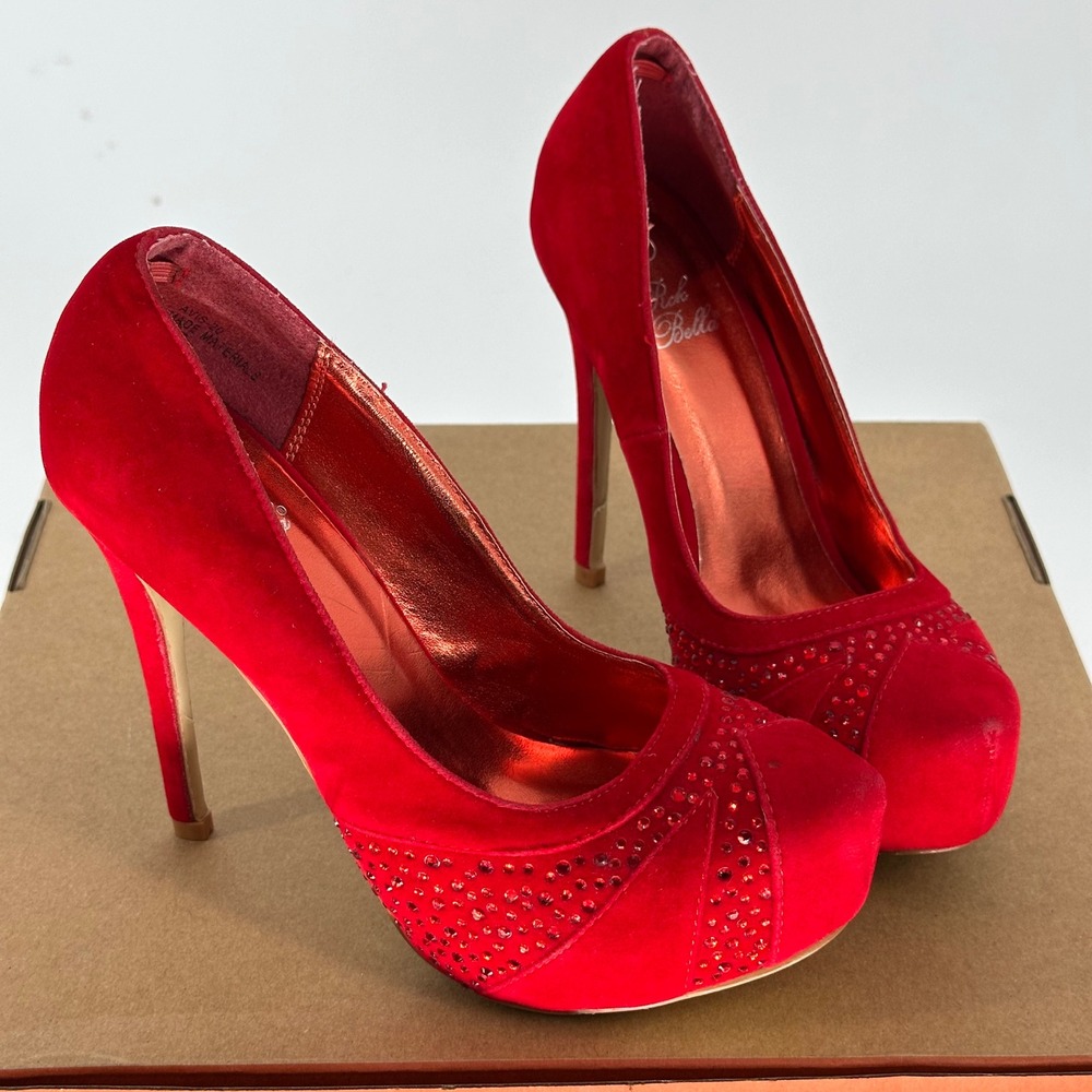 RCK Bella Red Suede Stiletto High Heels 5" Crystals Party Club Sexy Women's 7